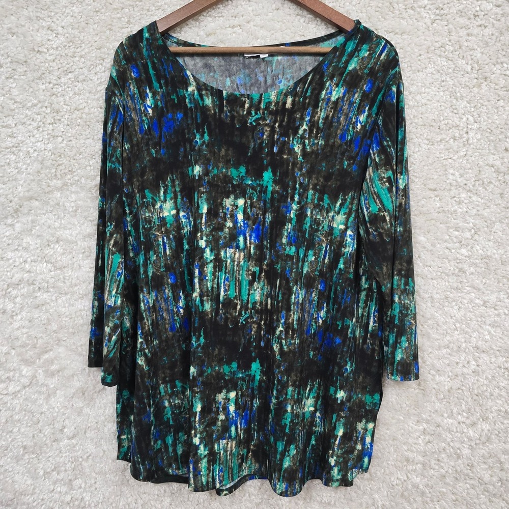 Sympli Top Womens 18 Black Teal Blue Abstract Print Jersey Tunic‎ Scoop Neck